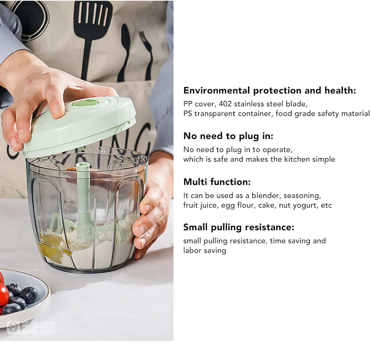 Manual Food Processor Vegetable Chopper, Portable Hand Pull String Garlic Mincer Onion Cutter for Veggies, Ginger, Fruits, etc., 900ml, Green