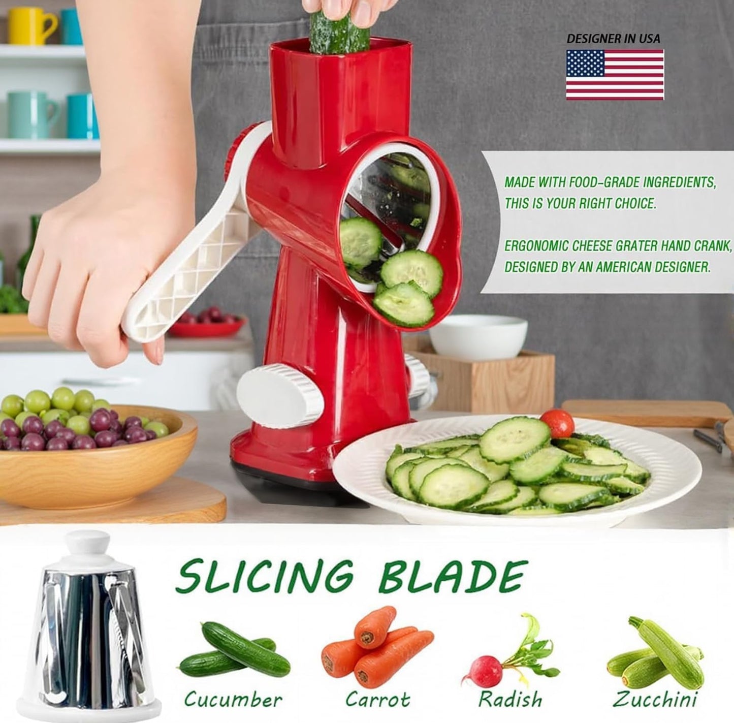 Cheese Grater with Handle, Multifunctional Manual Rotary Cheese Grater - Cheese Shredder Easily Chop Carrots, Potatoes, Vegetables and Fruits and Easy to Clean(red)
