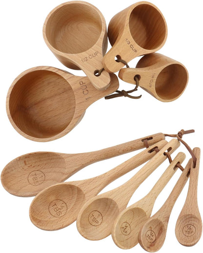 10pcs Wood Measuring Cups and Measuring Spoons Set Handcrafted Natural Wood Tablespoon Kitchen Utensils Wooden Measuring Cups and Spoons Set for Dry Ingredients Cooking Baking