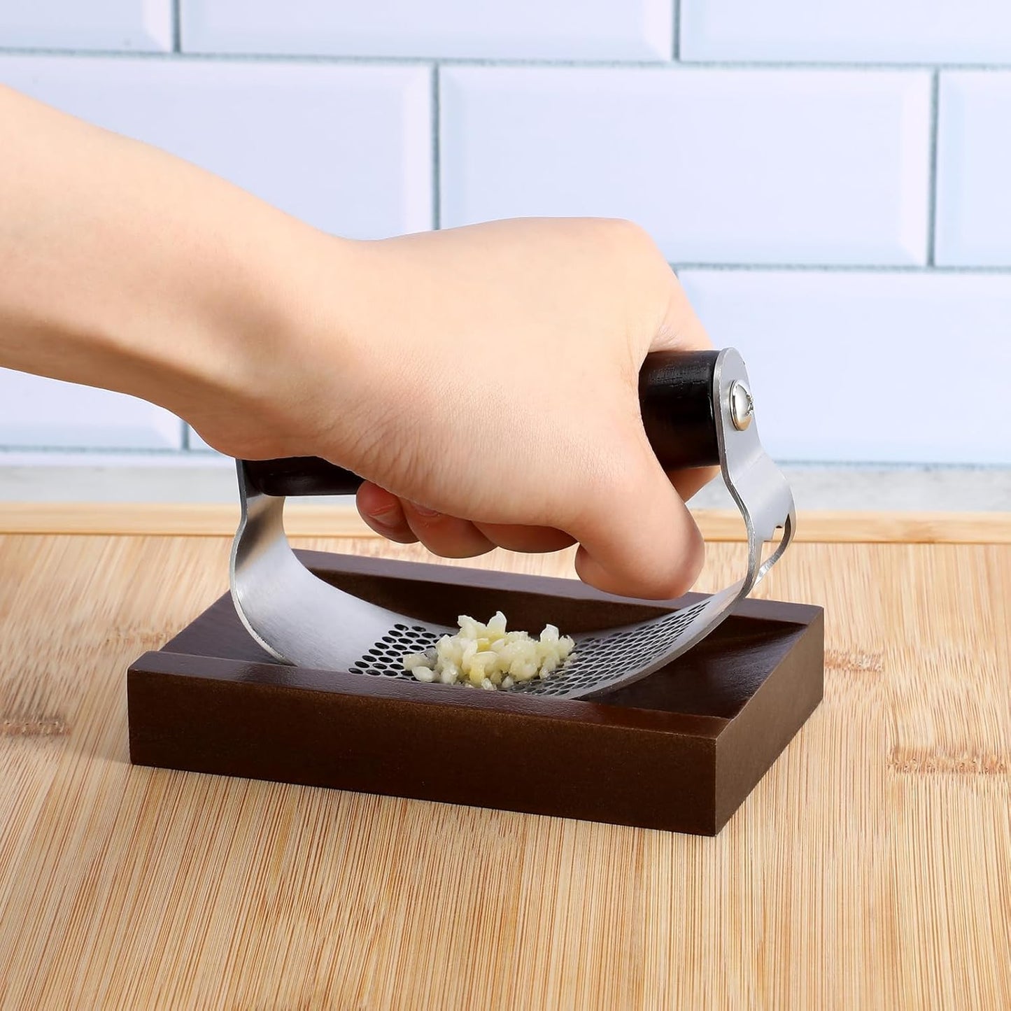 Stainless Steel Garlic Press with Wooden Walnut Container Garlic Press Crusher Set for Kitchen