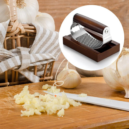 Stainless Steel Garlic Press with Wooden Walnut Container Garlic Press Crusher Set for Kitchen