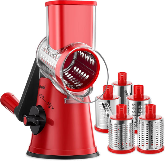 Geedel Rotary Cheese Grater Cheese Shredder with 5 Interchangeable Blades - Upgraded Rotary Grater Featuring Strong Suction Base for Cheese Shredding, Wavy Slicing, Nut Grinding, and Ice Shaving