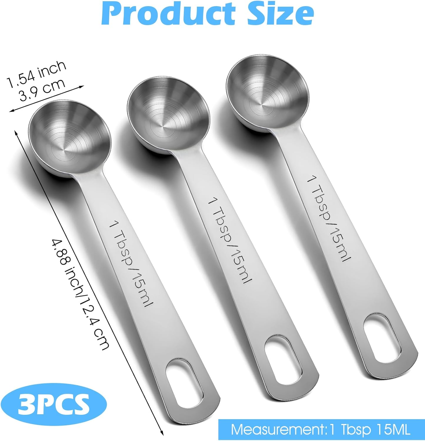 1 Tablespoon Measuring Spoon, 3PCS Stainless Steel Single Measuring Spoon, 3 Tsp/1 Tbsp Marked, Durable Rust Resistant Metal for Cooking Baking Coffee Sugar (Silver, 15 Ml)