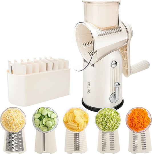 Rotary Cheese Grater Manual Hand Crank with 5 Blades & Suction Base, Kitchen Vegetable Shredder Slicer for Veggie, Nuts, Fruit, Green