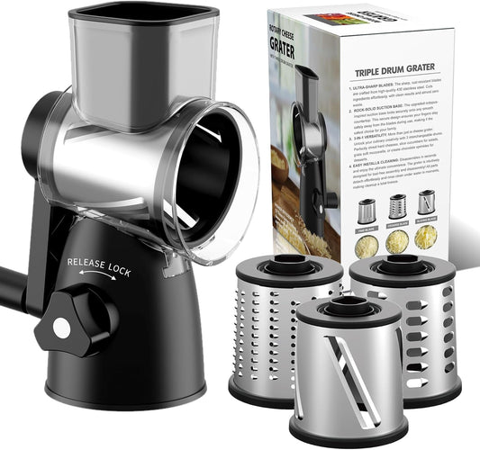 Rotary Cheese Grater 3-in-1 and Shredder with Hand Crank - for Cheese, Vegetables & Nuts, Non-Slip Suction Cup Base, Food Grade, Black