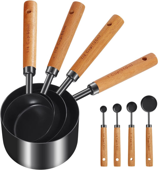 GuDoQi 8Pcs Gold Measuring Cups and Spoons Set, Wooden Handle, Premium Stainless Steel with Metric & US Measurements, Nesting for Dry/Liquid Kitchen/Food/Baking