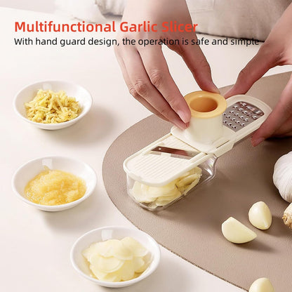 ANIS·KEAAR 1PCS 3-in-1 Multifunctional Garlic Grinder– Stainless Steel Slicer/Shredder/Grinder with Hand Guard, Transparent Container & Blade Storage,Safe Food Slicer, Easy to Use & Clean