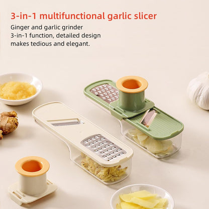 ANIS·KEAAR 1PCS 3-in-1 Multifunctional Garlic Grinder– Stainless Steel Slicer/Shredder/Grinder with Hand Guard, Transparent Container & Blade Storage,Safe Food Slicer, Easy to Use & Clean