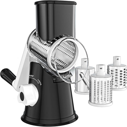 Rotary Cheese Grater with Handle, Round Mandoline Speed Kitchen Slicer, 3 in 1 Multifunctional Vegetable Shredder Manual Nut Grinder for Nuts, Potato, Carrot, Cucumber (Pink)