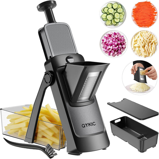QYKIC Upgrade Safe Mandoline Slicer for Kitchen, Vegetable Chopper and Slicer, Potato Slicer Thickness Adjuster, French Fry Cutter, Veggie Onion Dicer Faster Kitchen Mandolin for Meal Prep (Blue)