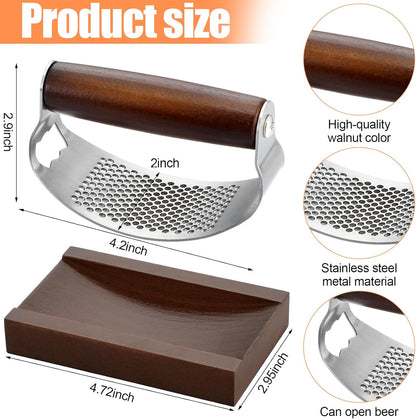 Stainless Steel Garlic Press with Wooden Walnut Container Garlic Press Crusher Set for Kitchen
