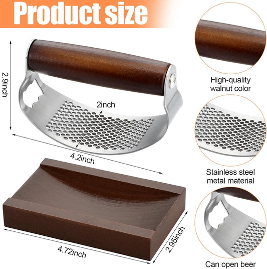 Stainless Steel Garlic Press with Wooden Walnut Container Garlic Press Crusher Set for Kitchen