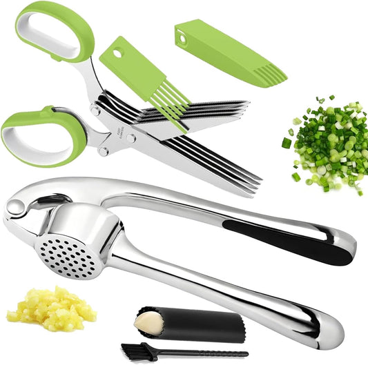 Garlic Press and Herb Scissors Set, 6 Pieces with Garlic mincer and Multipurpose Scissors, Rustproof Tools for Kitchen Use. (Silver+Green)