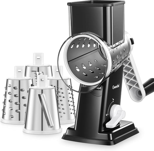 Geedel Rotary Cheese Grater - Upgraded Vegetable Shredder with 4 Interchangeable Blades, Easy to Clean Cheese Shredder with Handle, Kitchen Grater Nuts Grinder for Cutting Cheese, Vegetable, Nuts