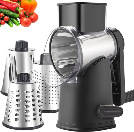 Weltonhm Rotary Cheese Graters with 4 Blades, Hand Crank Cheese Grater with Waffle Slicer, Red, Black and White Cheese Shredder with Suction Base, Easier for Shredding & Grating (White, 4 Graters)