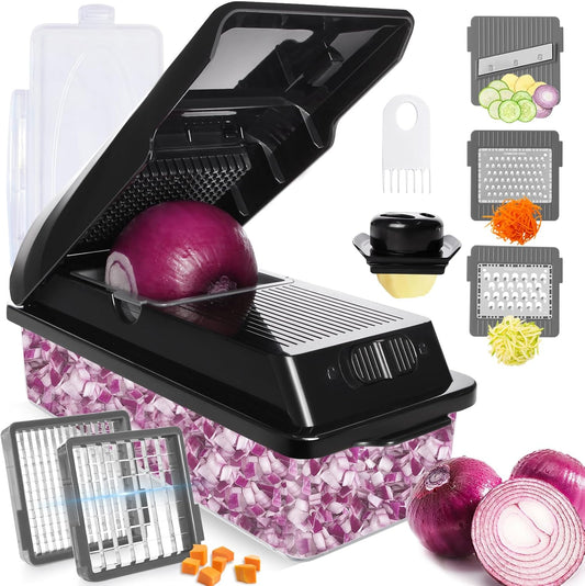 LHS Professional Multifunctional Vegetable Chopper Pro Food Chopper with Food Storage Containers, Mandoline Slicer Onion Dicer Fruit Cutter, Kitchen Gadgets and Home Essentials(7 in 1, Black)