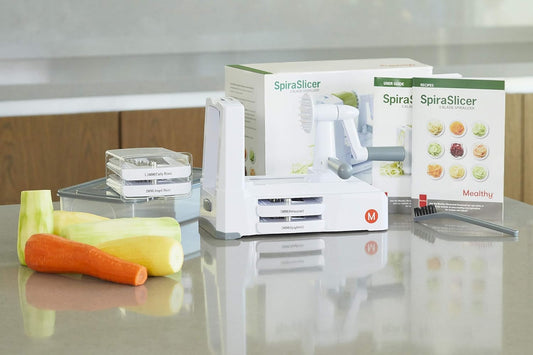 5-Blade Spiralizer | Vegetable Slicer with Durable Stainless Steel Blades | Kitchen Cooking Tool | Spiral Zoodle Maker with Catch & Store Container | Includes iOS & Android Recipe & Video App