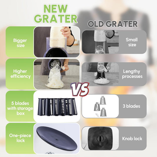 Rotary Cheese Grater with Handle – Vegetable Slicer & Cheese Shredder with 5 Stainless Steel Blades, Strong Suction Base & Storage Box for Kitchen