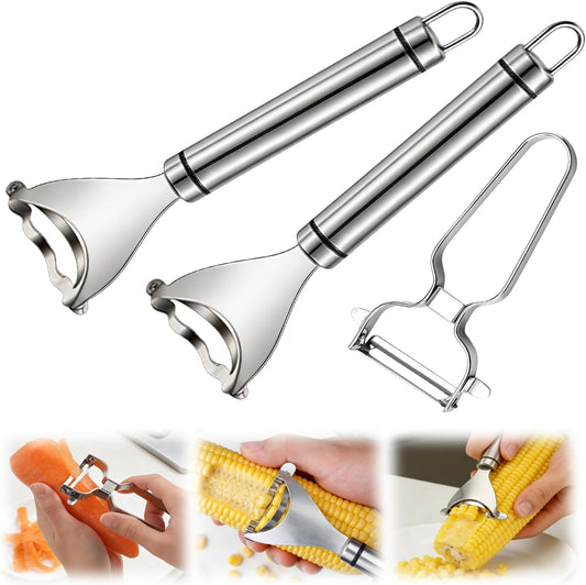 Abnaok Corn Stripper, Magic Corn Cob Stripper Tool, Premium Stainless Steel Corn Peeler with Ergonomic Handle, Corn on the Cob Stripper Tool (2x Corn Peeler+ 1 x Vegetable Peeler)