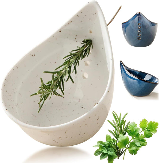 Pottery Herb Stripper Bowl, Teardrop Shaped Ceramic Herb Stripper, Handmade Leaf Remover with Different Sized Round Holes for Parsley, Cilantro, Rosemary & Salad Cooking(Blue)