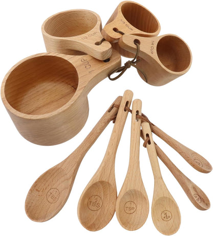 10pcs Wood Measuring Cups and Measuring Spoons Set Handcrafted Natural Wood Tablespoon Kitchen Utensils Wooden Measuring Cups and Spoons Set for Dry Ingredients Cooking Baking