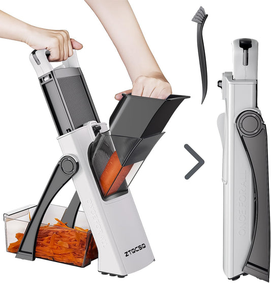 [All in 1] Upgraded Version Safe Mandoline Slicer for Kitchen, Adjustable Thickness. and Spiralizer, Veggie Slicer, Rapid Prep Mandoline, Detachable Blade, Cleaning Brush (High-grade Gray)