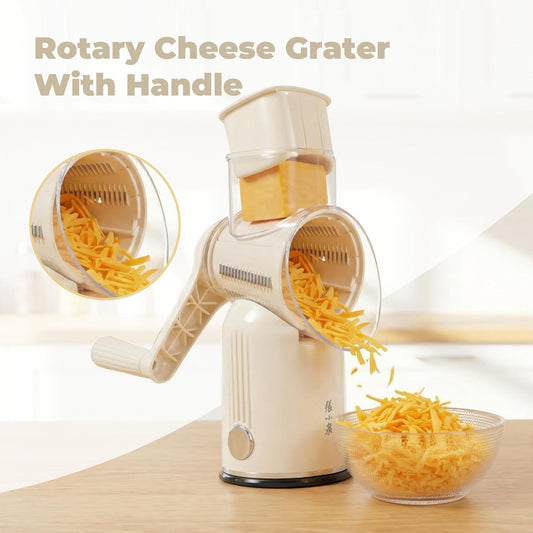 Rotary Cheese Grater Manual Hand Crank with 5 Blades & Suction Base, Kitchen Vegetable Shredder Slicer for Veggie, Nuts, Fruit, Green