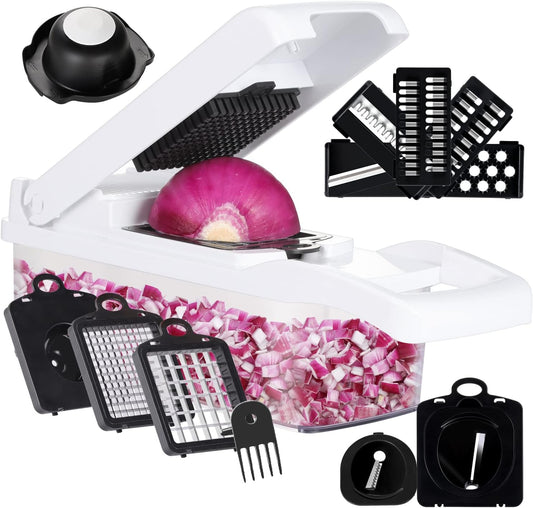 KEOUKE Vegetable Chopper Mandoline Slicer Grey - 12 in 1 Interchangeable Blades Food Chopper with Container, Hand Guard & Drainer, Veggie Dicer Kitchen Gadget for Onion, Cucumber, Tomato, Fruit