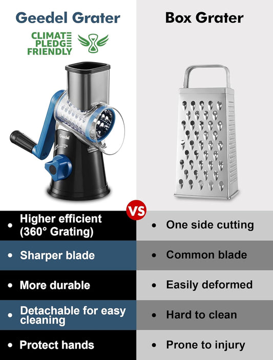 Geedel Rotary Cheese Grater, Kitchen Mandoline Vegetable Slicer with 3 Interchangeable Blades, Easy to Clean Grater for Fruit, Vegetables, Nuts