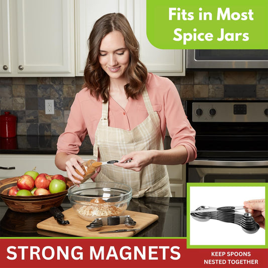 Spring Chef Stainless Steel Magnetic Measuring Spoons Set with Strong N45 Magnets, Heavy Duty Metal Kitchen Gadgets for Baking & Cooking, Fits in Most Kitchen Spice Jars, Set of 8 with Leveler, Black