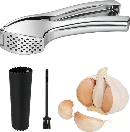 Heavy Duty Garlic Press and Mincer Set with Garlic Peeler, Rust Proof Dishwasher Safe Kitchen Tool - Easy Squeeze Ginger Crusher, Ergonomic Handle for Garlic and Nuts