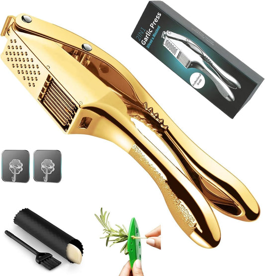 Garlic Press and Slicer 3 In 1, Food Grade Stainless Steel Garlic Mincer Chopper Crusher Garlic Press Kitchen Tool with Garlic Peeler Skin Remover and Clean Brush
