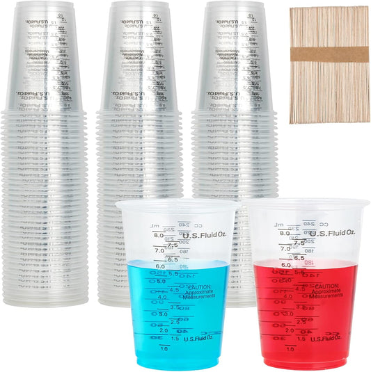 100 PACK Plastic Measuring Cups, 10 oz Disposable Mixing Cups with 100 Wooden Mixing Sticks, Can Be Used for Epoxy Resin, Liquid Measuring, Paint, Cooking and Baking