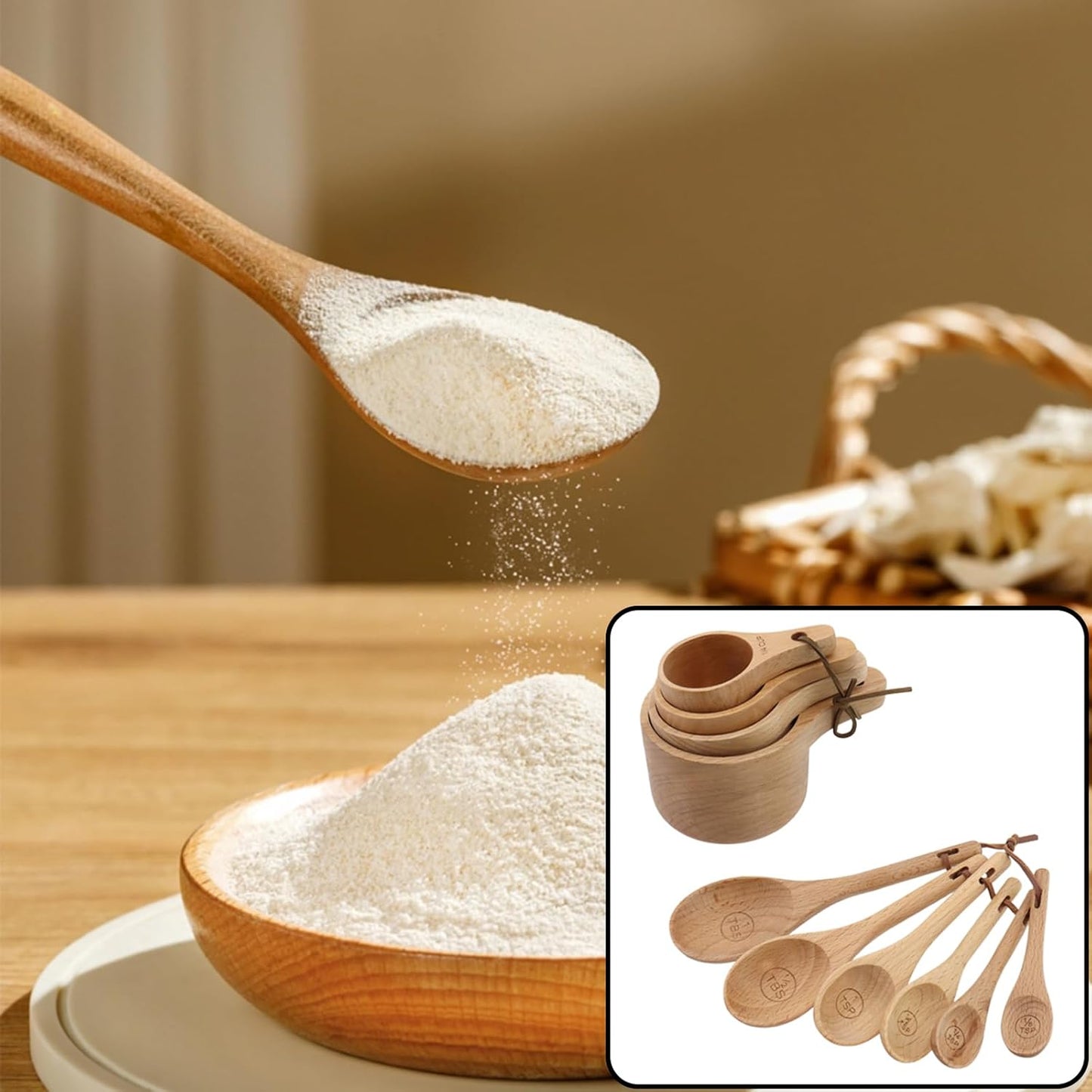 10pcs Wood Measuring Cups and Measuring Spoons Set Handcrafted Natural Wood Tablespoon Kitchen Utensils Wooden Measuring Cups and Spoons Set for Dry Ingredients Cooking Baking