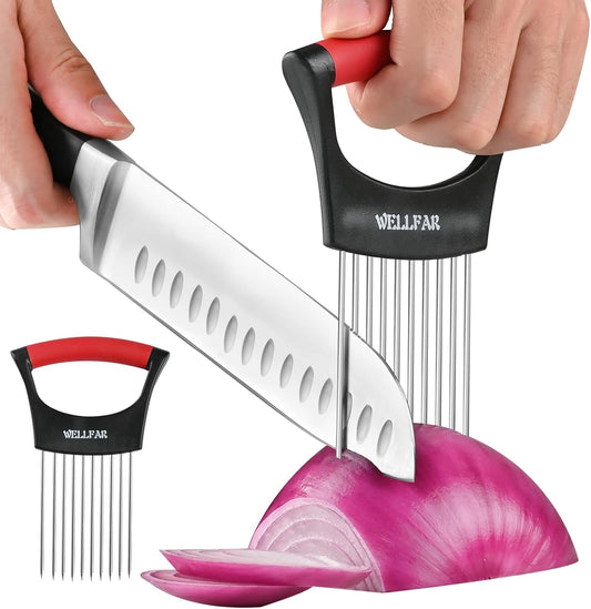 【2 PCS】Onion Slicer Holder - Onion Holder for Slicing, Vegetable Chopper & Cutter Tool for Potato, Lemon, Tomatoes, Stainless Steel Kitchen Gadget with Guide Rack, Meat Prep & Food Essentials.