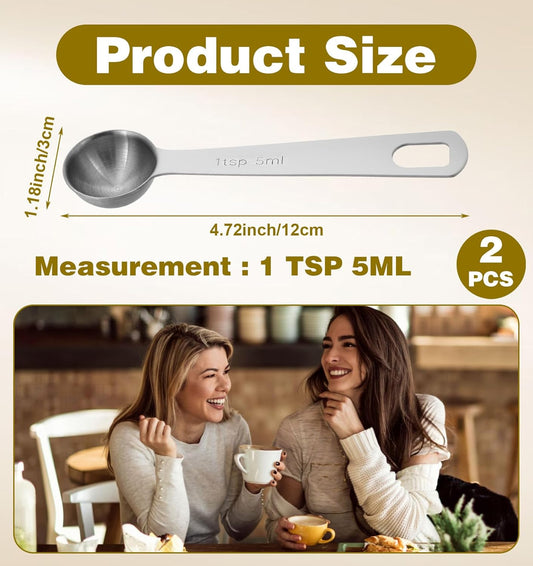 1 Teaspoon Measuring Spoon, 2Pcs Teaspoon Measuring Spoon, Short Handle Stainless Steel Kitchen Tools for Precise Cooking Baking Spices, Easy Pouring Rust Resistant (5ml, Silver)