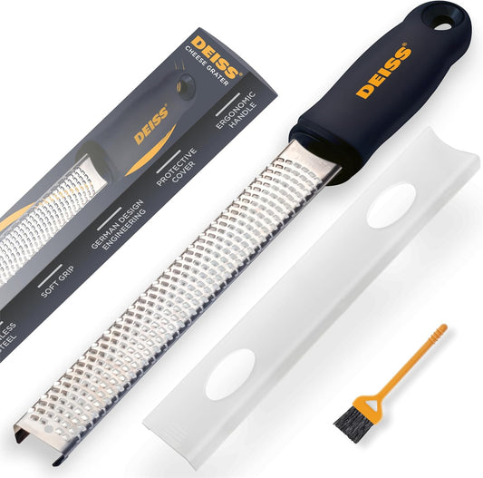 Deiss PRO Citrus Zester & Cheese Grater — Parmesan Cheese Lemon, Ginger, Garlic, Nutmeg, Chocolate, Vegetables, Fruits - Razor-Sharp Stainless Steel Blade, Wide, Dishwasher Safe