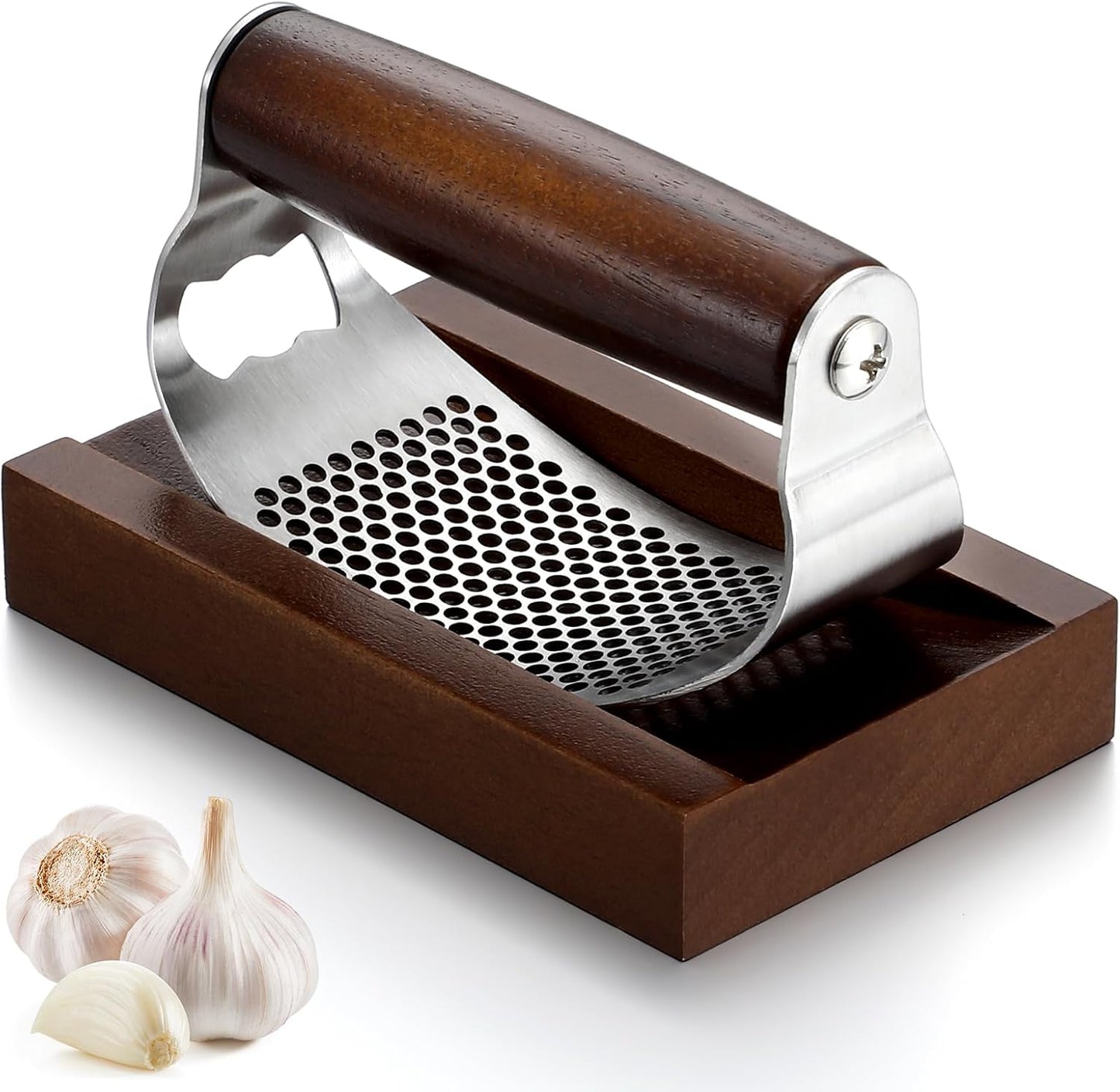 Stainless Steel Garlic Press with Wooden Walnut Container Garlic Press Crusher Set for Kitchen