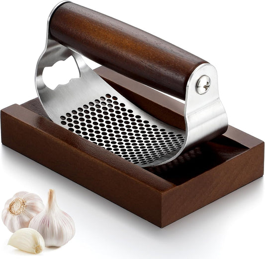 Stainless Steel Garlic Press with Wooden Walnut Container Garlic Press Crusher Set for Kitchen