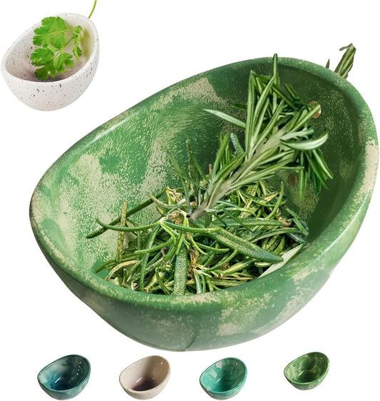 New 4-Slot Herb Stripper，Handmade Firing Herb Stripper Bowl，Pottery Herb Stripper Bowl ，Suitable for Kale, Basil, Rosemary, Etc (Blue and White Porcelain)
