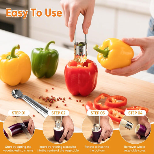 Red Bell Pepper Seed Corer - 304 Stainless Steel Fruit Vegetable Stem Remover for Pepper Pineapple Pear Apple Tomato, Easy to Use & Clean Kitchen Gadgets Tool