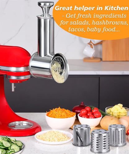 FavorKit Stainless Steel Salad Maker Attachment for KitchenAid Mixers, Large Slicer Shredder & Cheese Grater Accessories with 4 Blades,Dishwasher Safe