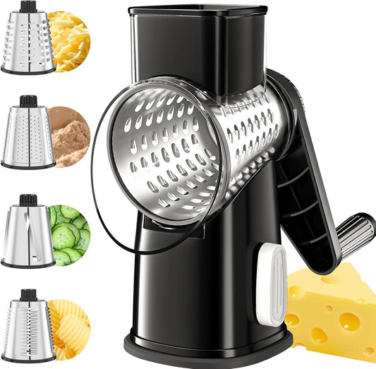 VEKAYA Rotary Cheese Grater Hand Crank with 4 Interchangeable Stainless Steel Blades, Large Manual Handle Shredder and Waffle Slicer for Vegetables, Cheese and Nuts with Table Suction Base (Red)