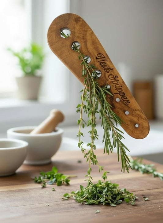 Handmade Olive Wood Herb Stripper, Natural Wood Kitchen Tool for Fresh Herbs