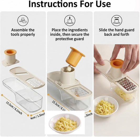 ANIS·KEAAR 1PCS 3-in-1 Multifunctional Garlic Grinder– Stainless Steel Slicer/Shredder/Grinder with Hand Guard, Transparent Container & Blade Storage,Safe Food Slicer, Easy to Use & Clean