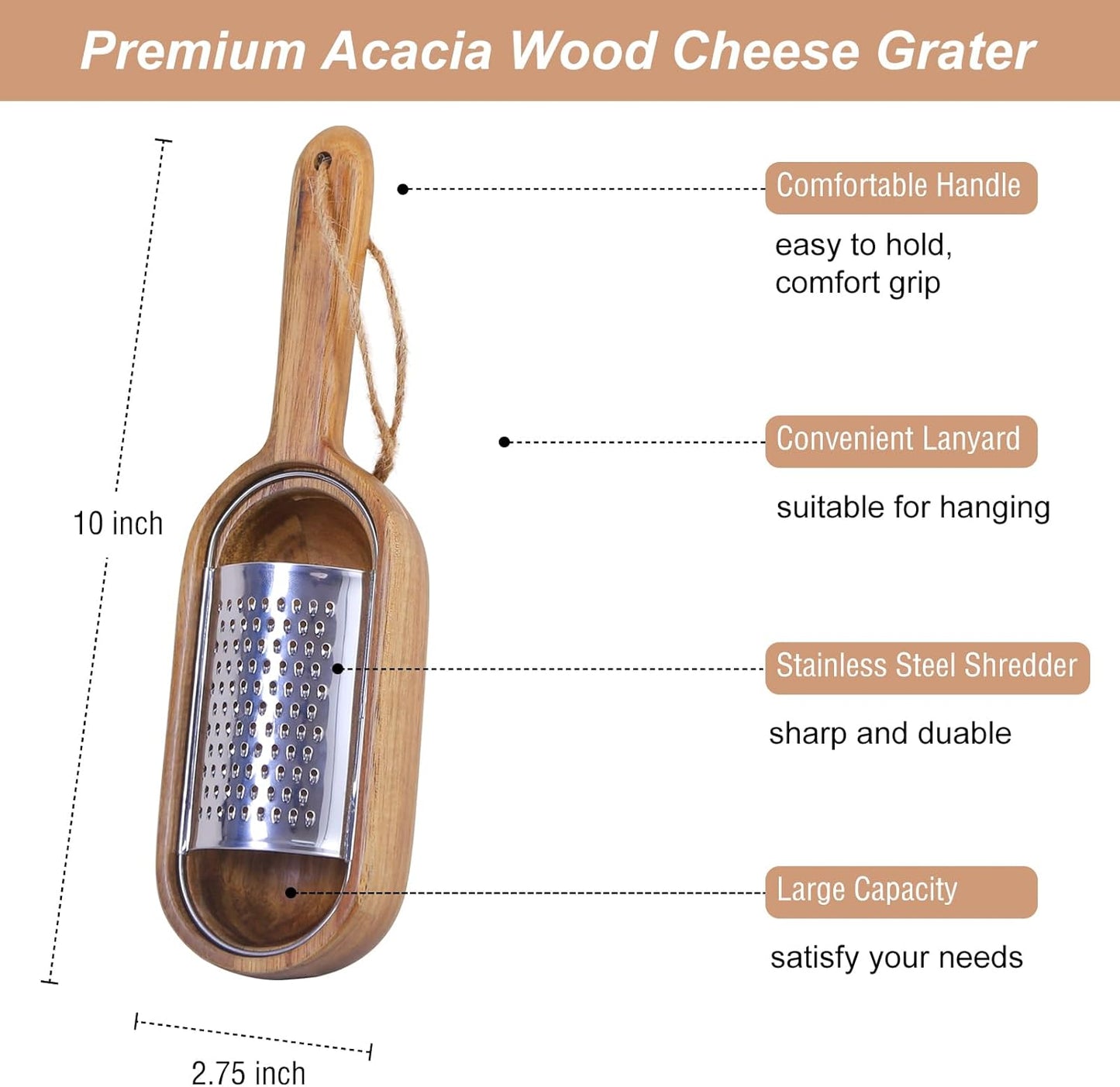 Wooden Cheese Grater with Handles - Kitchen Grater Wooden Shredder, Citrus Zester, Perfect for Hand Held Cheese Grater, Lemon and Chocolate, Cheese Tool