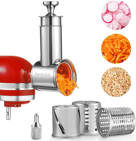 FavorKit Large Stainless Steel Slicer Shredder Attachment for KitchenAid Mixers, Dishwasher Safe Salad Maker, Cheese Grater Accessories with 3 Blades & 1 Knob Thumb Screw