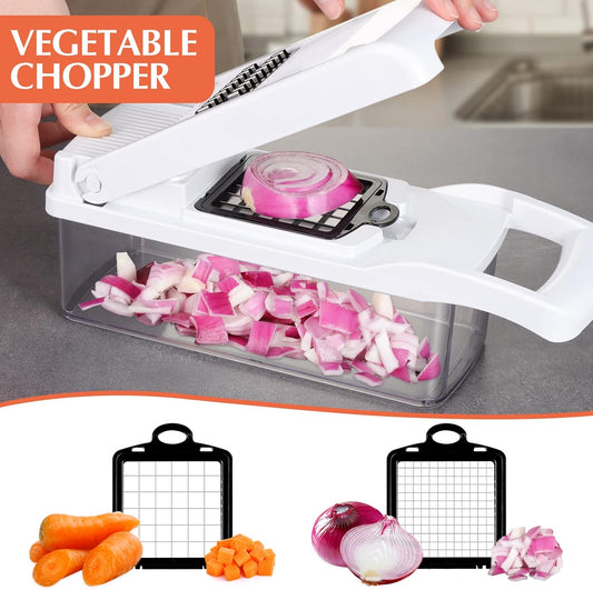 KEOUKE Vegetable Chopper Mandoline Slicer Grey - 12 in 1 Interchangeable Blades Food Chopper with Container, Hand Guard & Drainer, Veggie Dicer Kitchen Gadget for Onion, Cucumber, Tomato, Fruit
