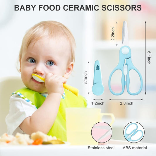 ATB Portable Baby Food Scissors Toddler Feeding Shears with Safety Lock, Food Grade Stainless Steel Material Food Supplement Scissors Suitable for Chicken Poultry Fish Meat Herbs noodles (Blue)