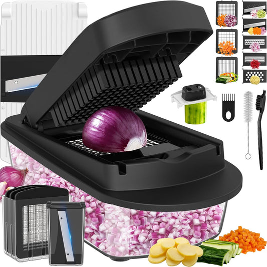 12 Blade All-in-1 Vegetable Chopper Mandoline Slicer with Container, Spiralizer with Containers, Food Chopper, Onion Chopper, Veggie Cutter for Salad, Kitchen Gadgets Accessories Essentials, White